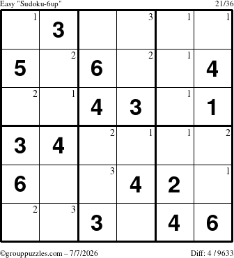 The grouppuzzles.com Easy Sudoku-6up puzzle for Tuesday July 7, 2026 with the first 3 steps marked