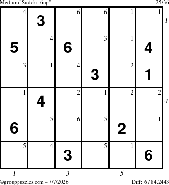 The grouppuzzles.com Medium Sudoku-6up puzzle for Tuesday July 7, 2026 with all 6 steps marked