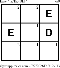The grouppuzzles.com Easy TicTac-DEF puzzle for Tuesday July 7, 2026 with the first 2 steps marked