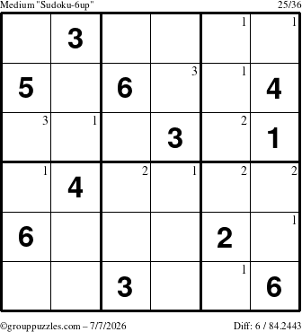 The grouppuzzles.com Medium Sudoku-6up puzzle for Tuesday July 7, 2026 with the first 3 steps marked