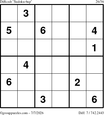 The grouppuzzles.com Difficult Sudoku-6up puzzle for Tuesday July 7, 2026