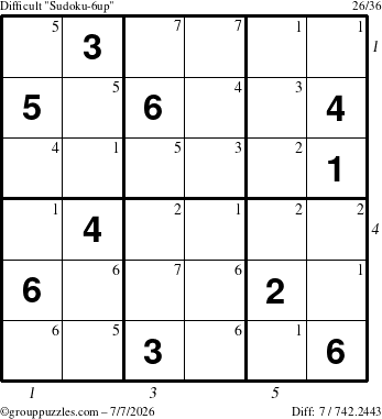 The grouppuzzles.com Difficult Sudoku-6up puzzle for Tuesday July 7, 2026, suitable for printing, with all 7 steps marked