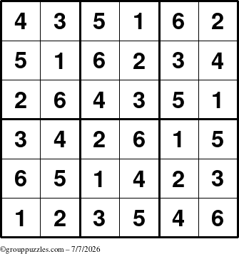 The grouppuzzles.com Answer grid for the Sudoku-6up puzzle for Tuesday July 7, 2026