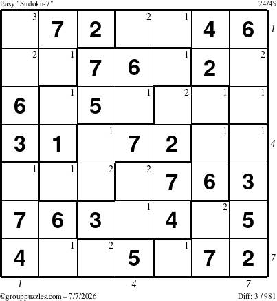 The grouppuzzles.com Easy Sudoku-7 puzzle for Tuesday July 7, 2026 with all 3 steps marked