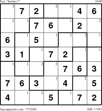 The grouppuzzles.com Easy Sudoku-7 puzzle for Tuesday July 7, 2026 with the first 3 steps marked