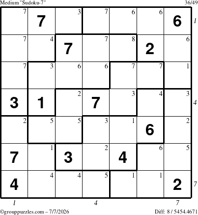 The grouppuzzles.com Medium Sudoku-7 puzzle for Tuesday July 7, 2026 with all 8 steps marked