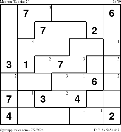 The grouppuzzles.com Medium Sudoku-7 puzzle for Tuesday July 7, 2026 with the first 3 steps marked