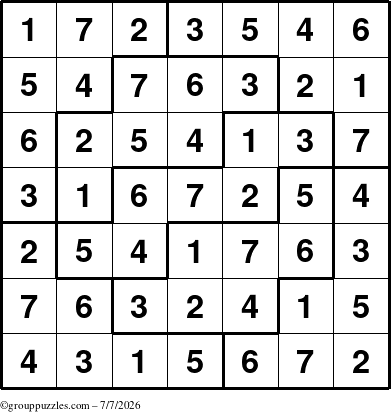 The grouppuzzles.com Answer grid for the Sudoku-7 puzzle for Tuesday July 7, 2026