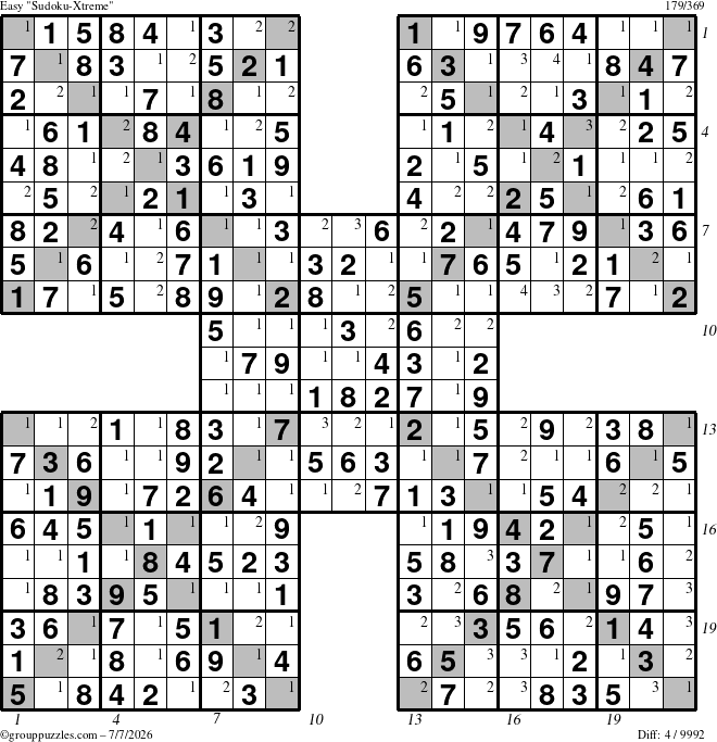 The grouppuzzles.com Easy Sudoku-Xtreme puzzle for Tuesday July 7, 2026 with all 4 steps marked