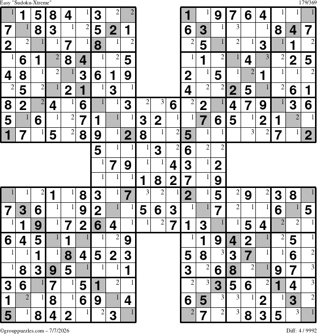 The grouppuzzles.com Easy Sudoku-Xtreme puzzle for Tuesday July 7, 2026 with the first 3 steps marked