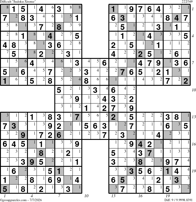 The grouppuzzles.com Difficult Sudoku-Xtreme puzzle for Tuesday July 7, 2026 with all 9 steps marked