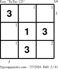 The grouppuzzles.com Easy TicTac-123 puzzle for Tuesday July 7, 2026 with all 2 steps marked