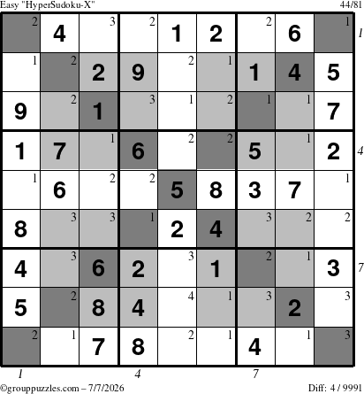 The grouppuzzles.com Easy HyperSudoku-X puzzle for Tuesday July 7, 2026 with all 4 steps marked