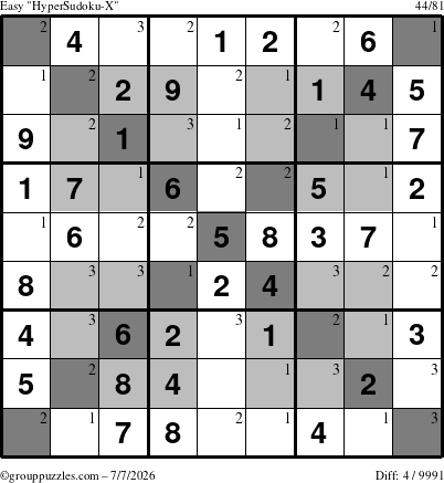 The grouppuzzles.com Easy HyperSudoku-X puzzle for Tuesday July 7, 2026 with the first 3 steps marked