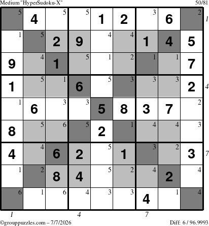 The grouppuzzles.com Medium HyperSudoku-X puzzle for Tuesday July 7, 2026 with all 6 steps marked