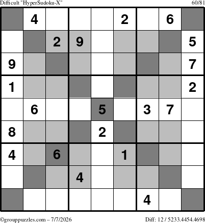 The grouppuzzles.com Difficult HyperSudoku-X puzzle for Tuesday July 7, 2026