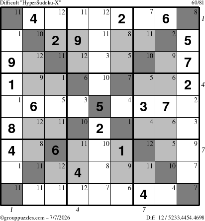 The grouppuzzles.com Difficult HyperSudoku-X puzzle for Tuesday July 7, 2026, suitable for printing, with all 12 steps marked