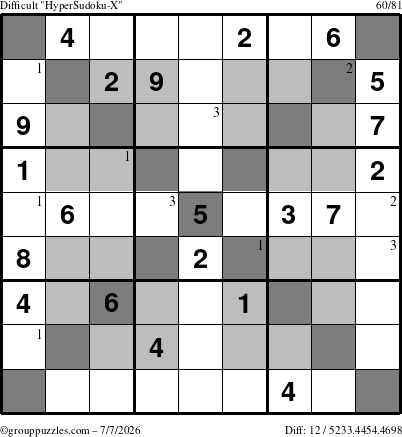 The grouppuzzles.com Difficult HyperSudoku-X puzzle for Tuesday July 7, 2026 with the first 3 steps marked