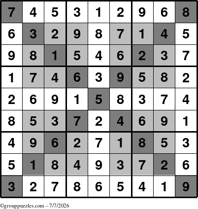 The grouppuzzles.com Answer grid for the HyperSudoku-X puzzle for Tuesday July 7, 2026