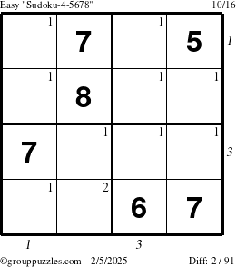 The grouppuzzles.com Easy Sudoku-4-5678 puzzle for Wednesday February 5, 2025 with all 2 steps marked