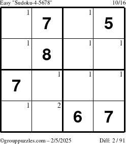 The grouppuzzles.com Easy Sudoku-4-5678 puzzle for Wednesday February 5, 2025 with the first 2 steps marked