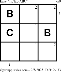 The grouppuzzles.com Easy TicTac-ABC puzzle for Wednesday February 5, 2025, suitable for printing, with all 2 steps marked