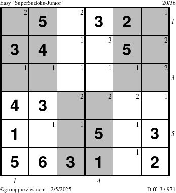 The grouppuzzles.com Easy SuperSudoku-Junior puzzle for Wednesday February 5, 2025 with all 3 steps marked