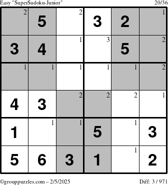 The grouppuzzles.com Easy SuperSudoku-Junior puzzle for Wednesday February 5, 2025 with the first 3 steps marked