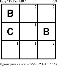 The grouppuzzles.com Easy TicTac-ABC puzzle for Wednesday February 5, 2025 with the first 2 steps marked