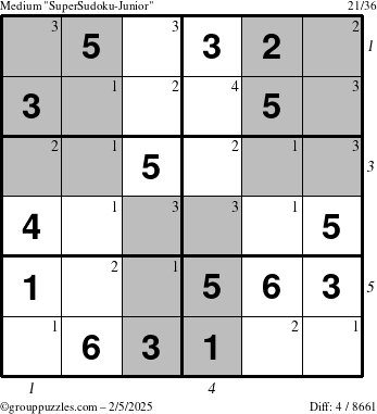 The grouppuzzles.com Medium SuperSudoku-Junior puzzle for Wednesday February 5, 2025, suitable for printing, with all 4 steps marked