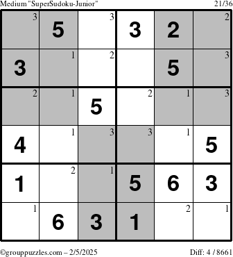 The grouppuzzles.com Medium SuperSudoku-Junior puzzle for Wednesday February 5, 2025 with the first 3 steps marked