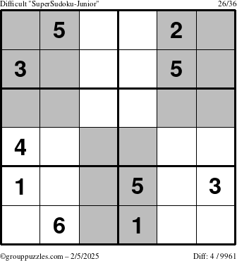 The grouppuzzles.com Difficult SuperSudoku-Junior puzzle for Wednesday February 5, 2025