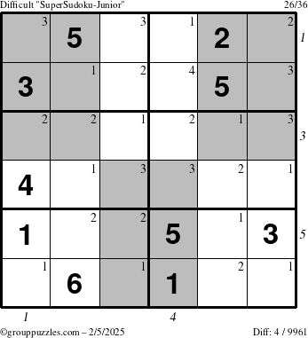 The grouppuzzles.com Difficult SuperSudoku-Junior puzzle for Wednesday February 5, 2025 with all 4 steps marked