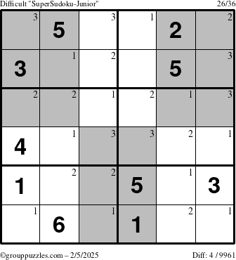 The grouppuzzles.com Difficult SuperSudoku-Junior puzzle for Wednesday February 5, 2025 with the first 3 steps marked