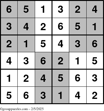 The grouppuzzles.com Answer grid for the SuperSudoku-Junior puzzle for Wednesday February 5, 2025