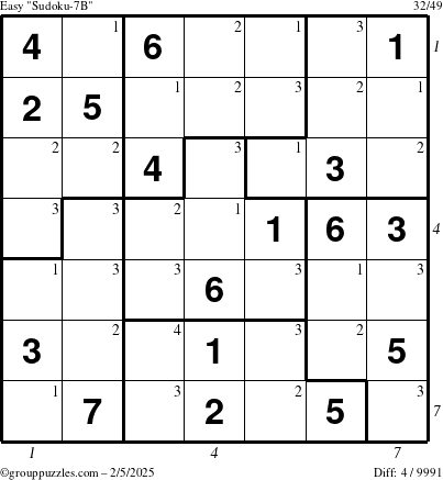 The grouppuzzles.com Easy Sudoku-7B puzzle for Wednesday February 5, 2025 with all 4 steps marked