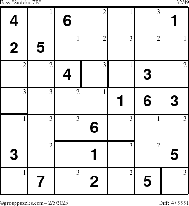 The grouppuzzles.com Easy Sudoku-7B puzzle for Wednesday February 5, 2025 with the first 3 steps marked