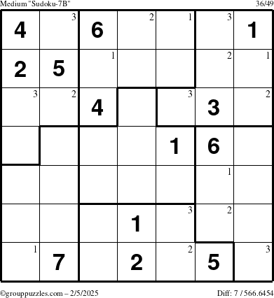 The grouppuzzles.com Medium Sudoku-7B puzzle for Wednesday February 5, 2025 with the first 3 steps marked