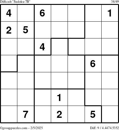 The grouppuzzles.com Difficult Sudoku-7B puzzle for Wednesday February 5, 2025