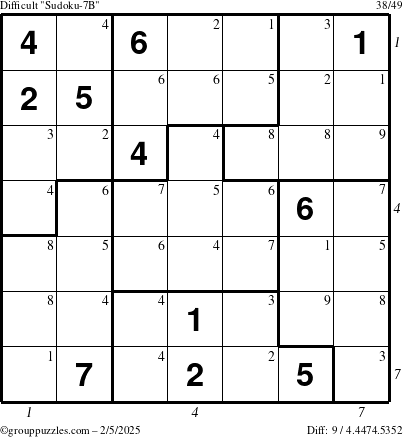 The grouppuzzles.com Difficult Sudoku-7B puzzle for Wednesday February 5, 2025 with all 9 steps marked