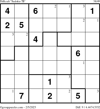 The grouppuzzles.com Difficult Sudoku-7B puzzle for Wednesday February 5, 2025 with the first 3 steps marked