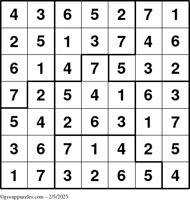 The grouppuzzles.com Answer grid for the Sudoku-7B puzzle for Wednesday February 5, 2025