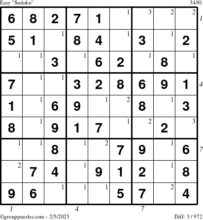 The grouppuzzles.com Easy Sudoku puzzle for Wednesday February 5, 2025 with all 3 steps marked