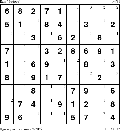 The grouppuzzles.com Easy Sudoku puzzle for Wednesday February 5, 2025 with the first 3 steps marked