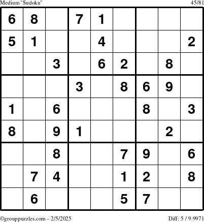 The grouppuzzles.com Medium Sudoku puzzle for Wednesday February 5, 2025