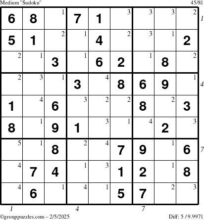 The grouppuzzles.com Medium Sudoku puzzle for Wednesday February 5, 2025 with all 5 steps marked