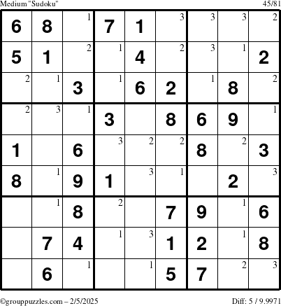 The grouppuzzles.com Medium Sudoku puzzle for Wednesday February 5, 2025 with the first 3 steps marked
