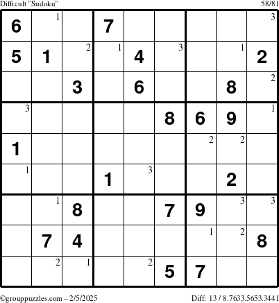 The grouppuzzles.com Difficult Sudoku puzzle for Wednesday February 5, 2025 with the first 3 steps marked
