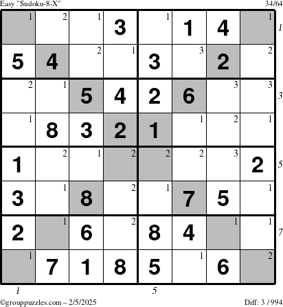 The grouppuzzles.com Easy Sudoku-8-X puzzle for Wednesday February 5, 2025 with all 3 steps marked