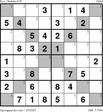 The grouppuzzles.com Easy Sudoku-8-X puzzle for Wednesday February 5, 2025 with the first 3 steps marked